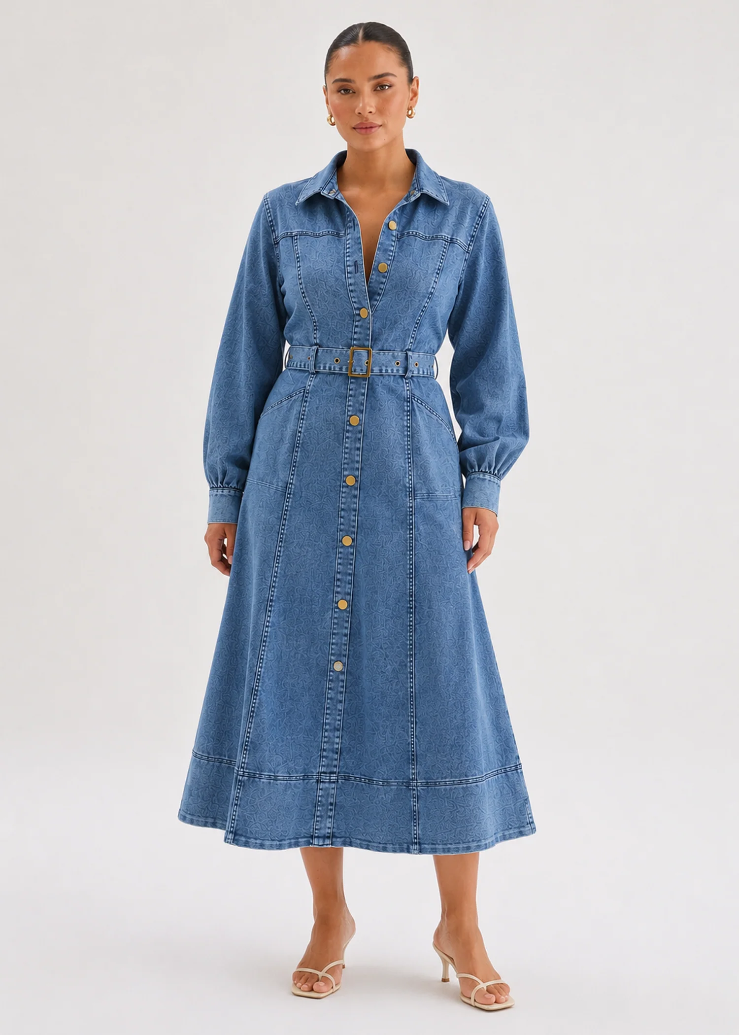 Ryley Denim Midi Dress with Belt - Mid Blue Wash - Image 5