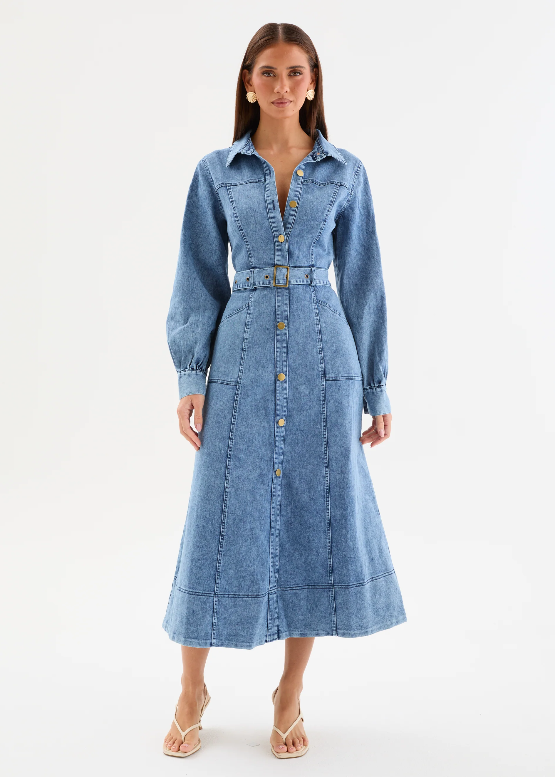 Ryley Denim Midi Dress with Belt - Mid Blue Wash - Image 6