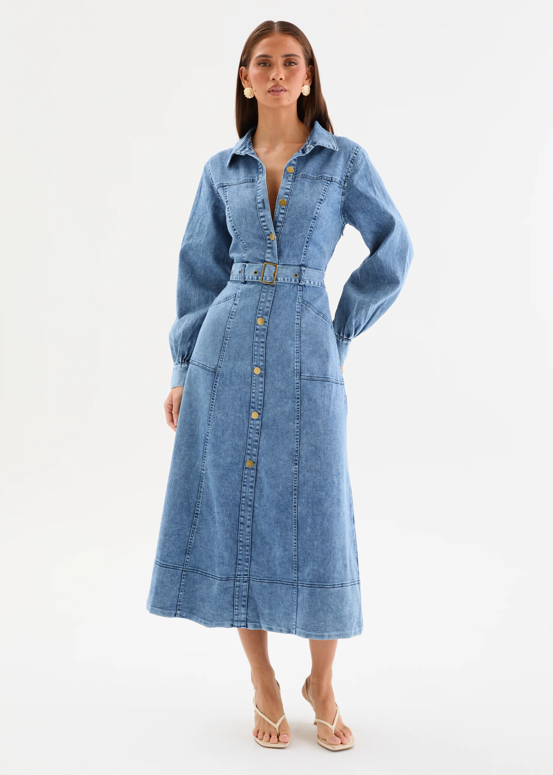 Ryley Denim Midi Dress with Belt - Mid Blue Wash - Image 7