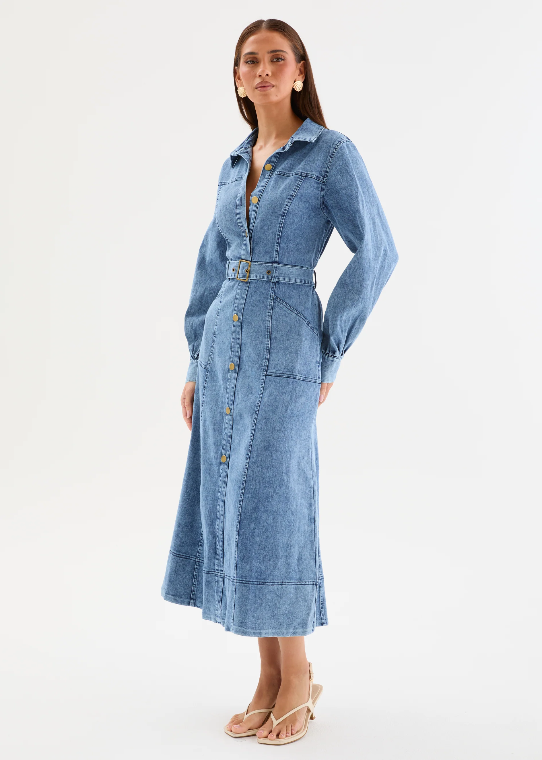 Ryley Denim Midi Dress with Belt - Mid Blue Wash - Image 8