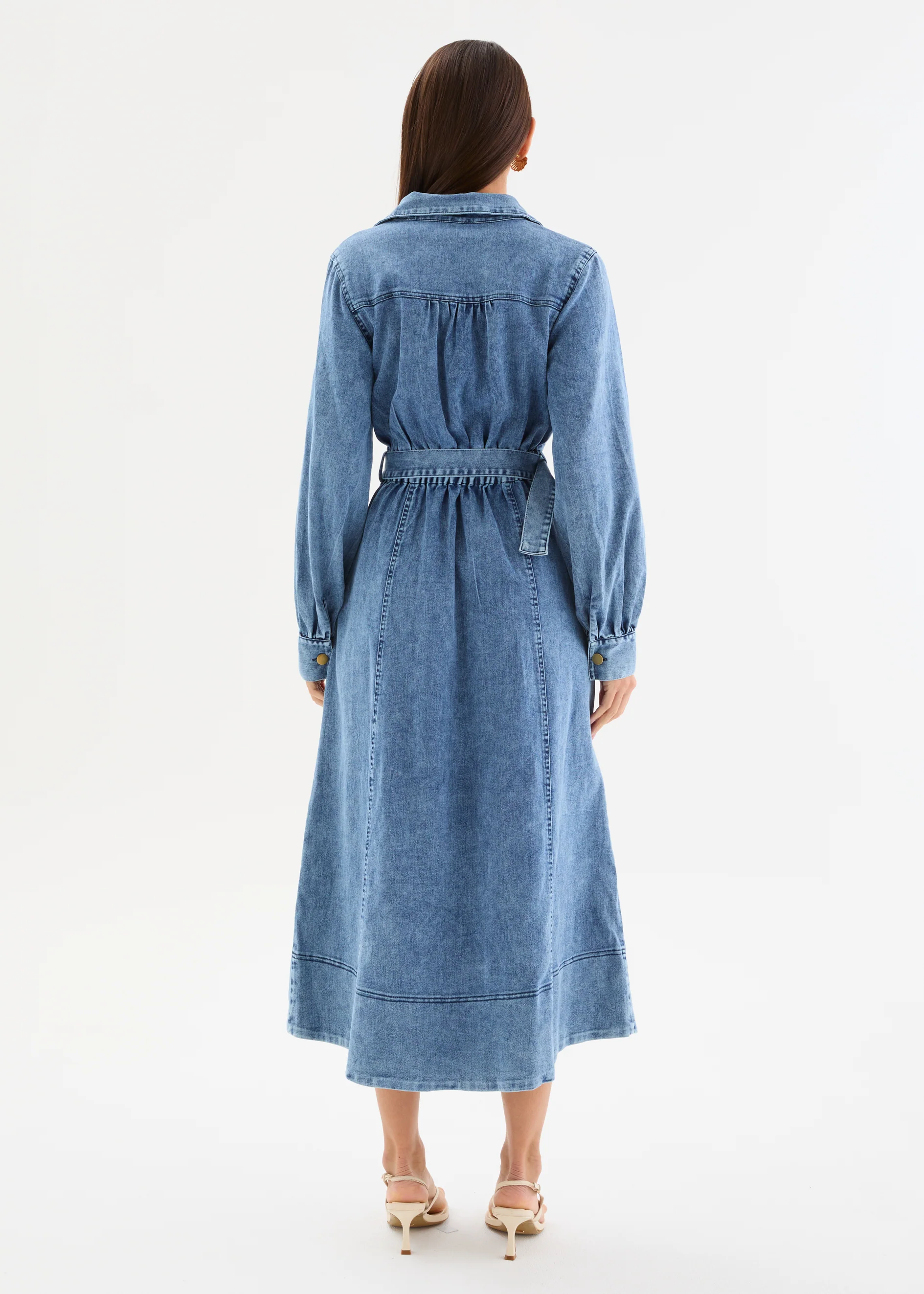 Ryley Denim Midi Dress with Belt - Mid Blue Wash - Image 9