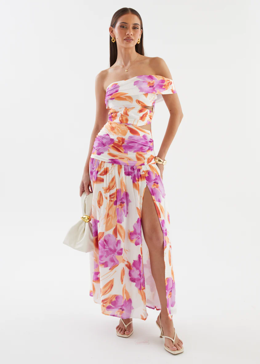 Shari One Shoulder Maxi Dress - Purple Flowers