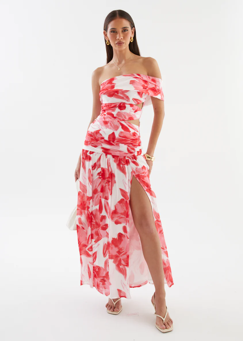 Shari One Shoulder Maxi Dress - Red Flowers