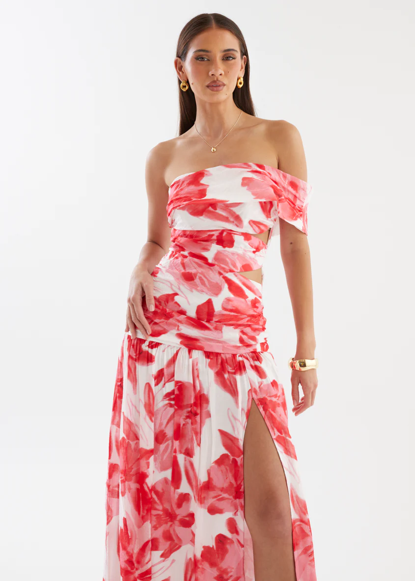 Shari One Shoulder Maxi Dress - Red Flowers - Image 3