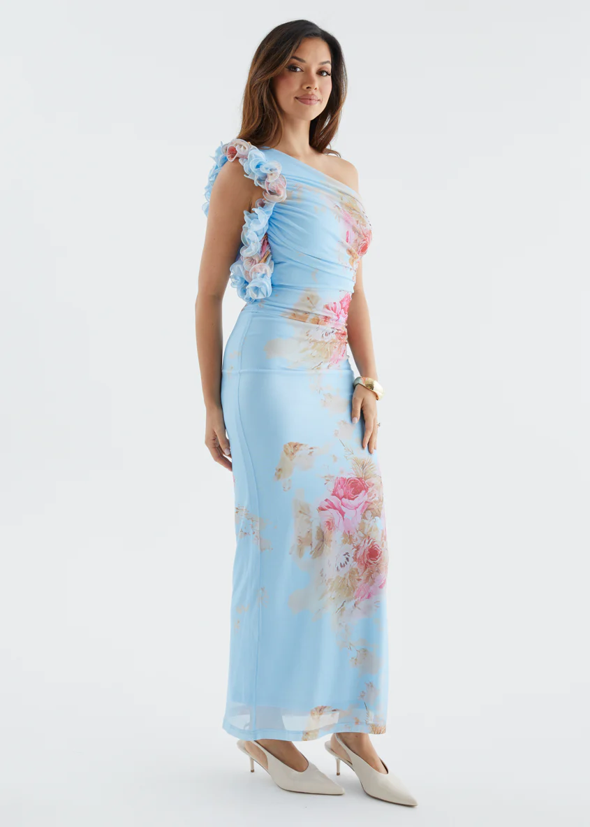 Sia One Shoulder Mesh Maxi Dress - Blue Bouquet - Image 6