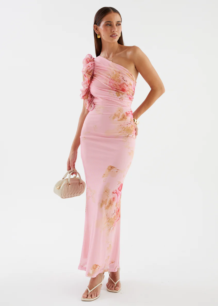 Sia One Shoulder Mesh Maxi Dress - Pink Bouquet - Image 2