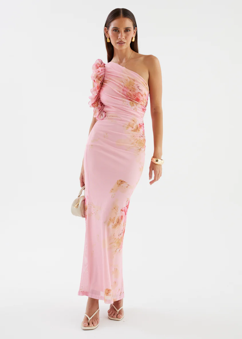 Sia One Shoulder Mesh Maxi Dress - Pink Bouquet - Image 4