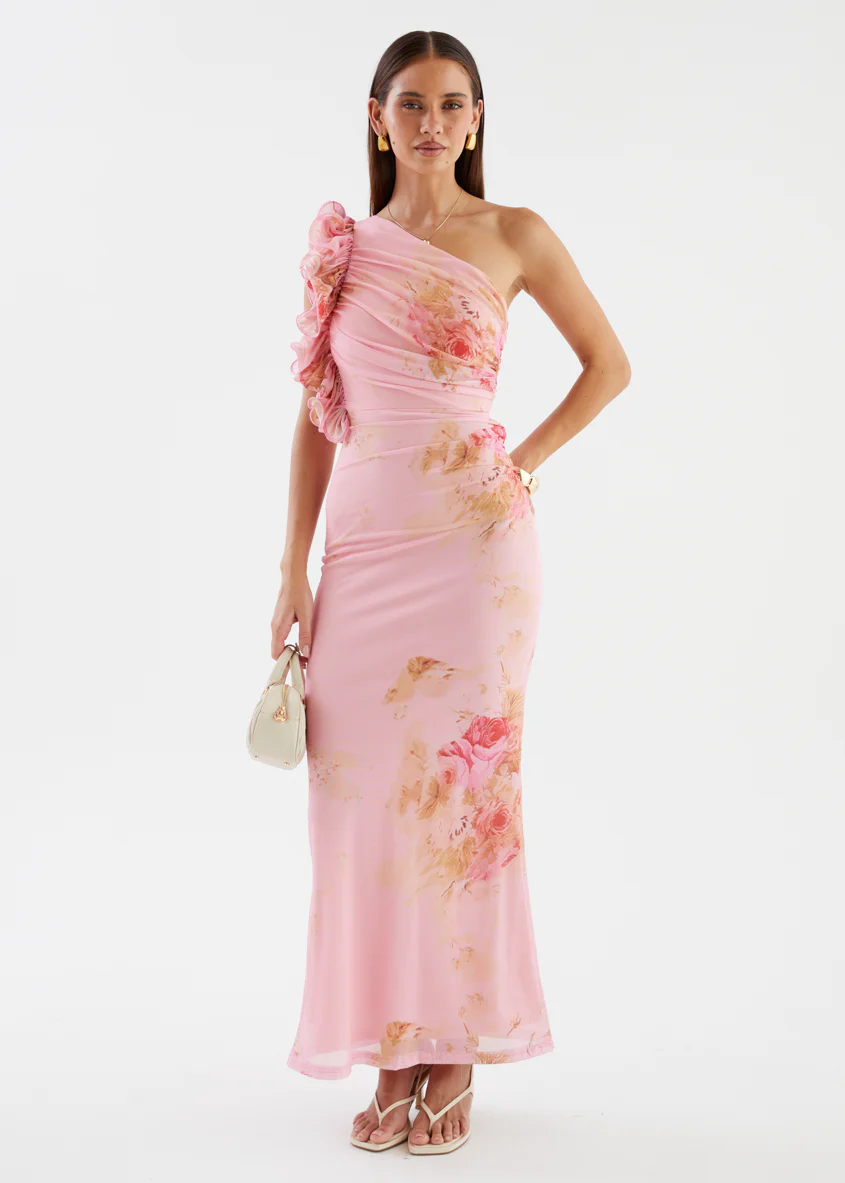 Sia One Shoulder Mesh Maxi Dress - Pink Bouquet - Image 5