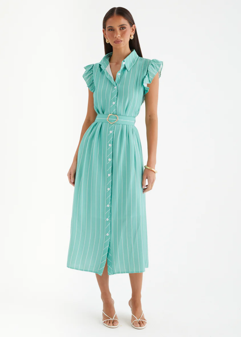 Suzanne Midi Dress - Seafoam Pinstripe
