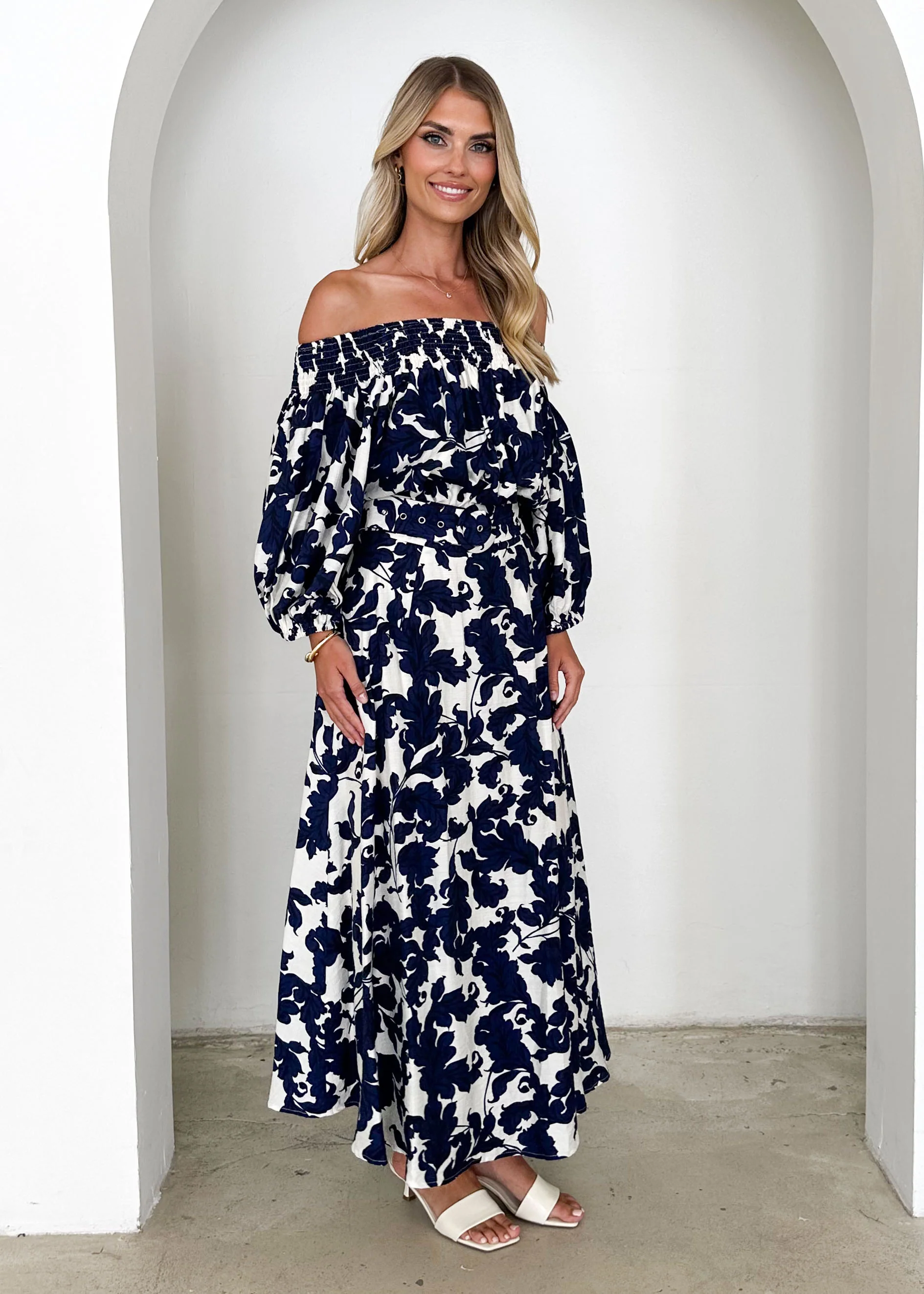 Talu Off Shoulder Midi Dress - Navy Paisley - Image 13