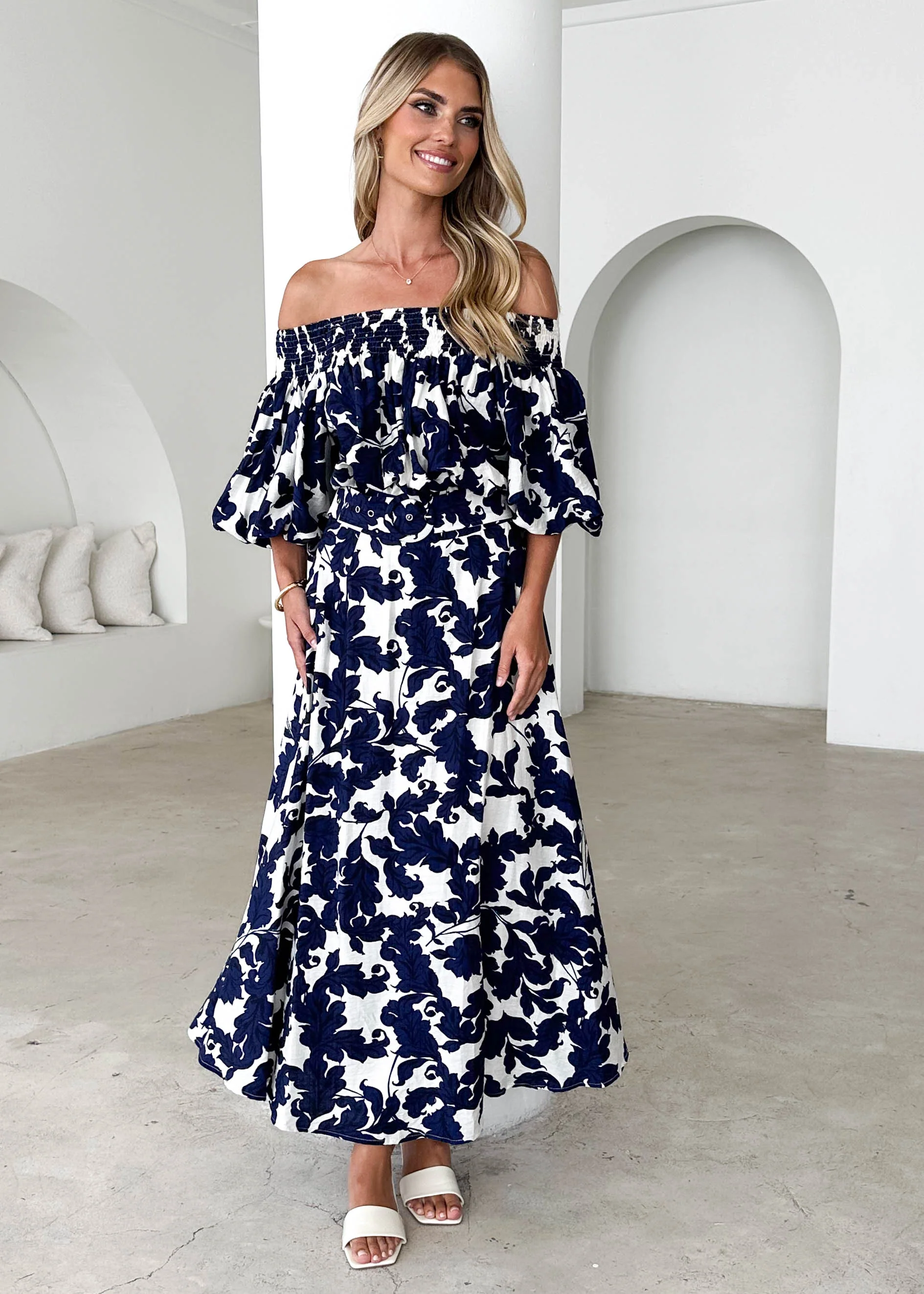 Talu Off Shoulder Midi Dress - Navy Paisley - Image 14
