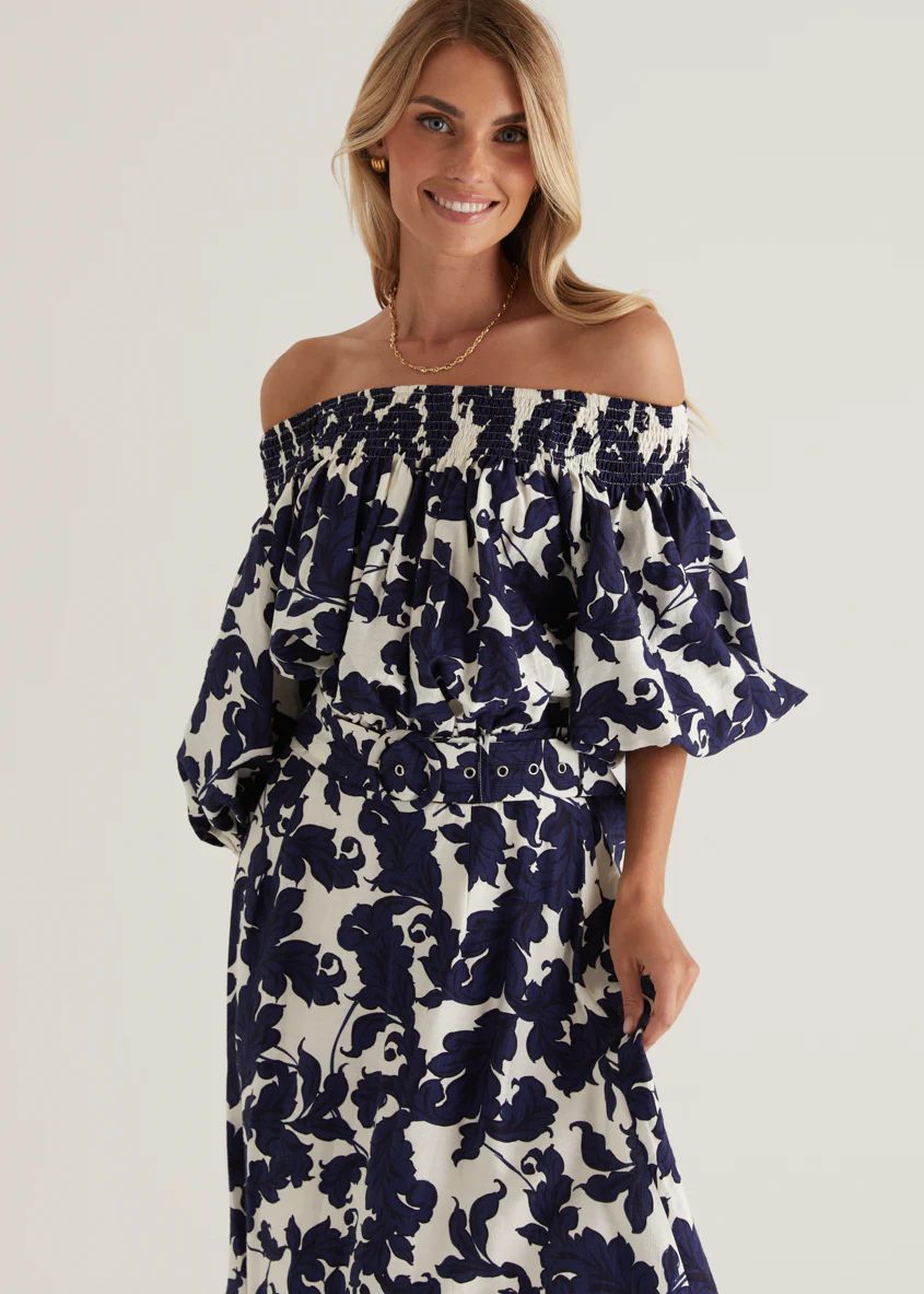 Talu Off Shoulder Midi Dress - Navy Paisley - Image 17
