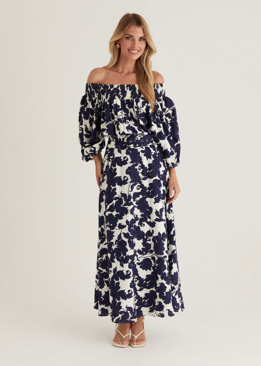 Talu Off Shoulder Midi Dress - Navy Paisley - Image 6