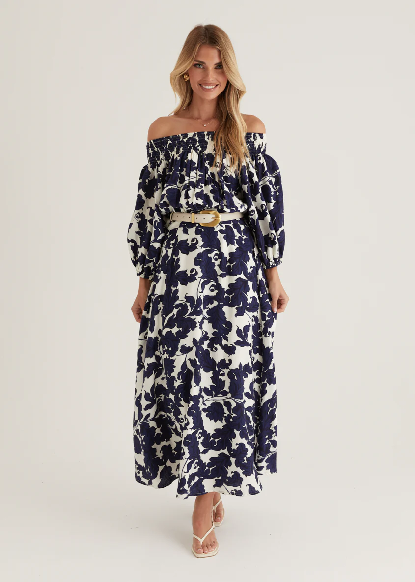 Talu Off Shoulder Midi Dress - Navy Paisley - Image 8