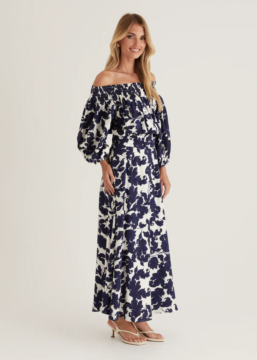 Talu Off Shoulder Midi Dress - Navy Paisley - Image 9