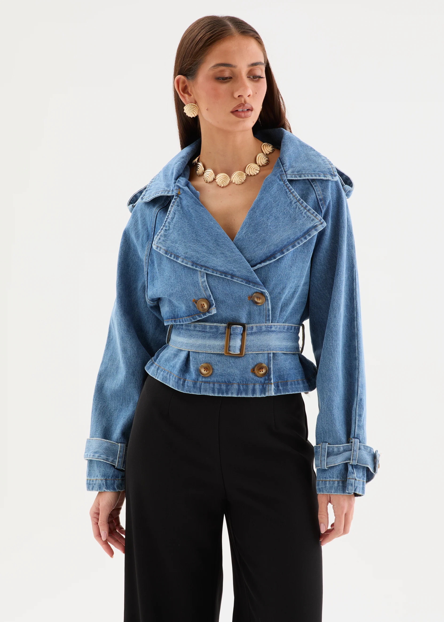 Taran Cropped Denim Trench Coat - Mid Blue - Image 3