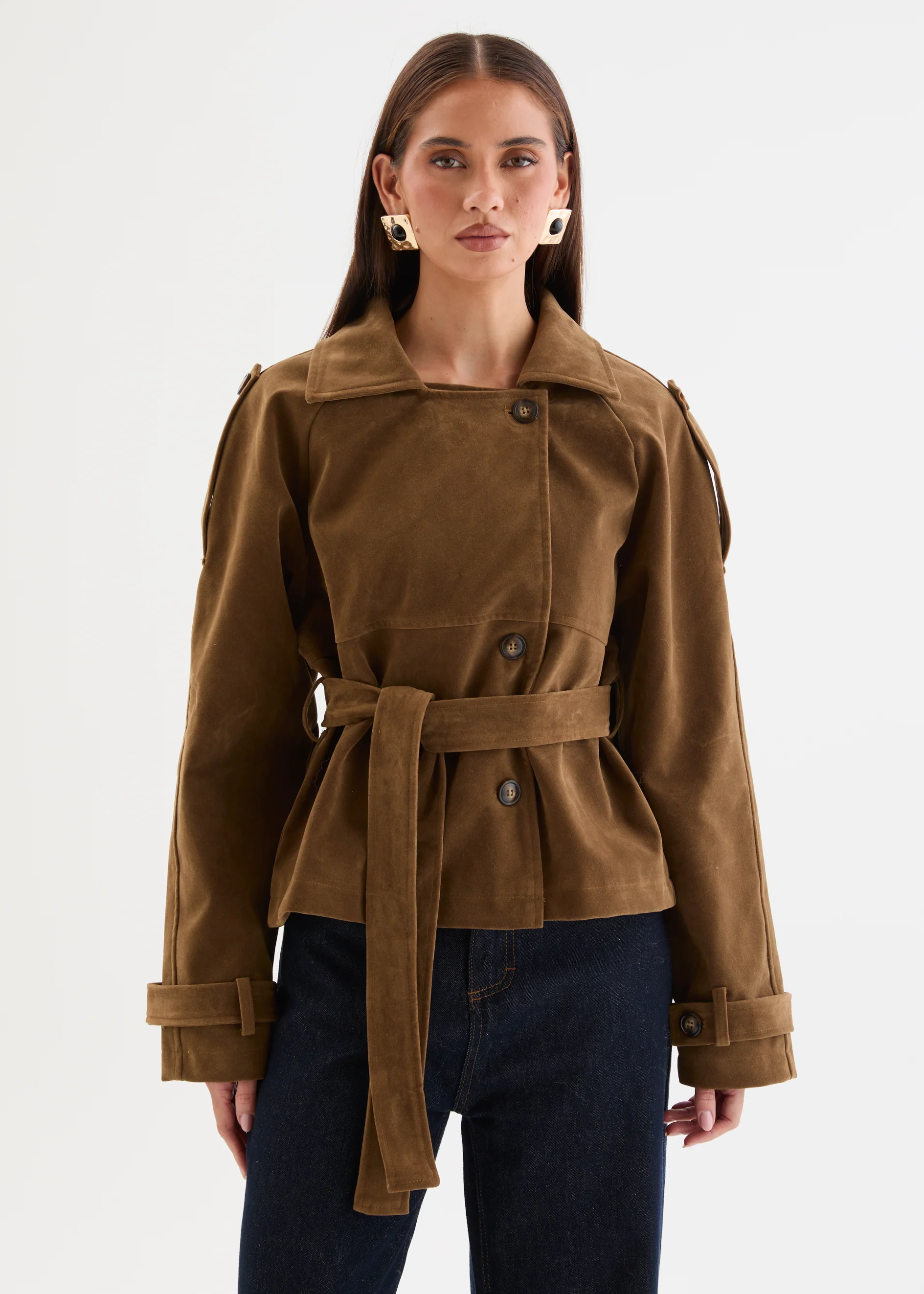 Tavita Cropped Trench Coat - Tan Suede - Image 4
