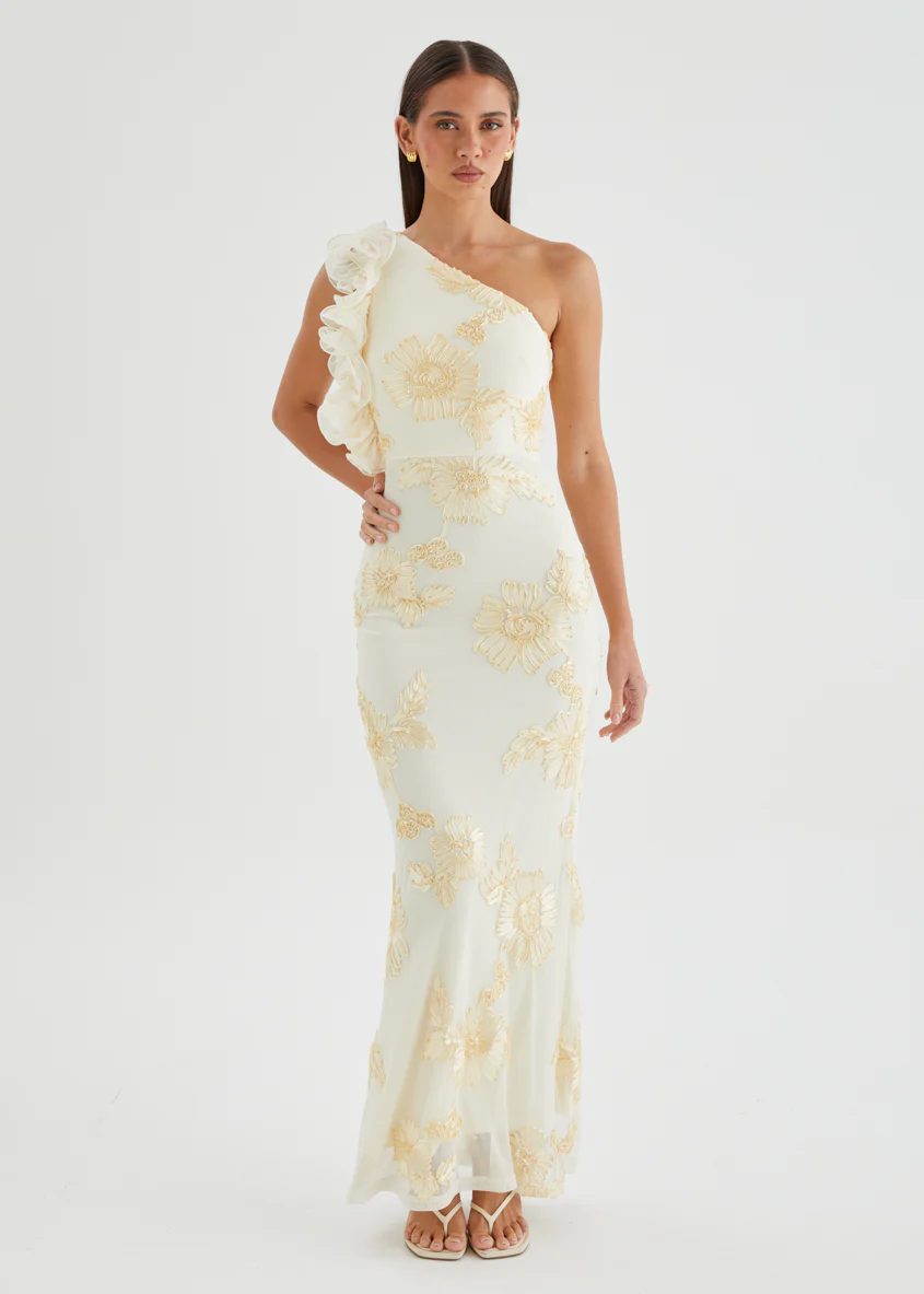 Taysia One Shoulder Mesh Maxi Dress - Butter