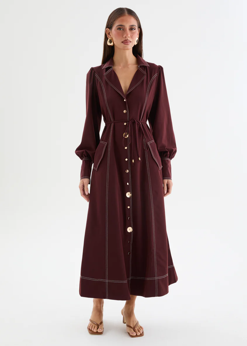 Terena Midi Dress with Tie - Maroon