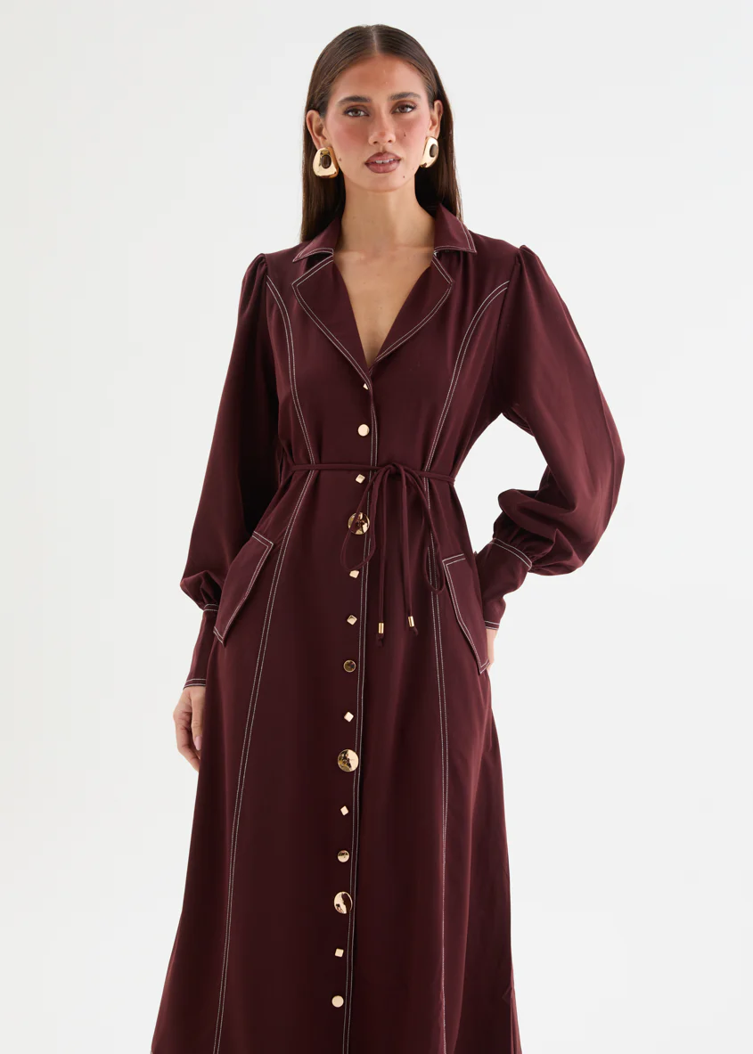 Terena Midi Dress with Tie - Maroon - Image 3