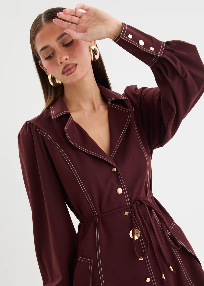 Terena Midi Dress with Tie - Maroon - Image 7