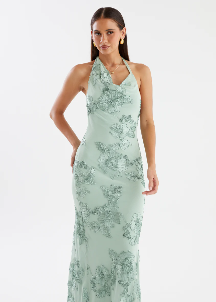 Tess Halter Mesh Maxi Dress - Sage Embroidered - Image 3