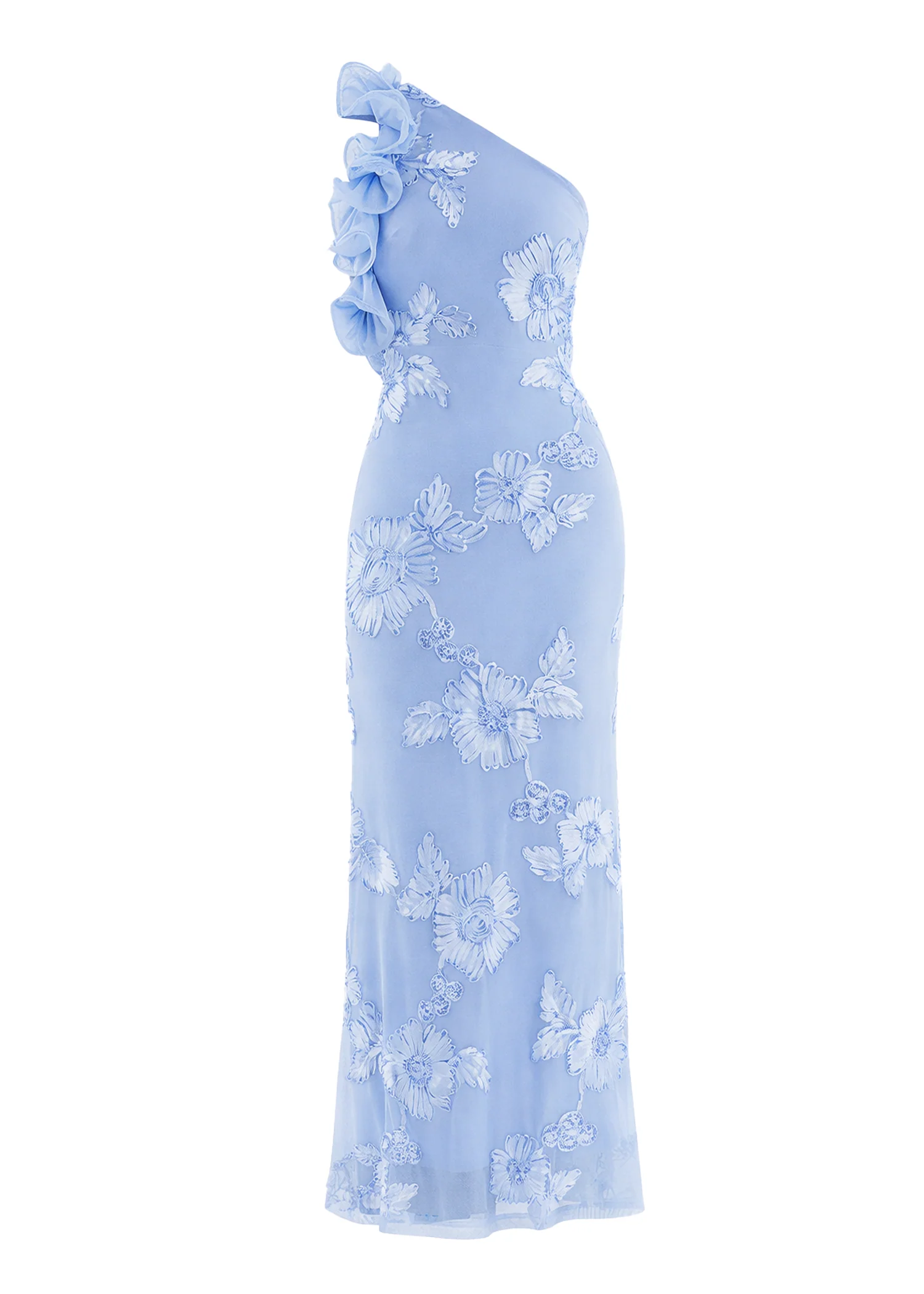 Trilby One Shoulder Mesh Maxi Dress - Blue Floral - Image 2