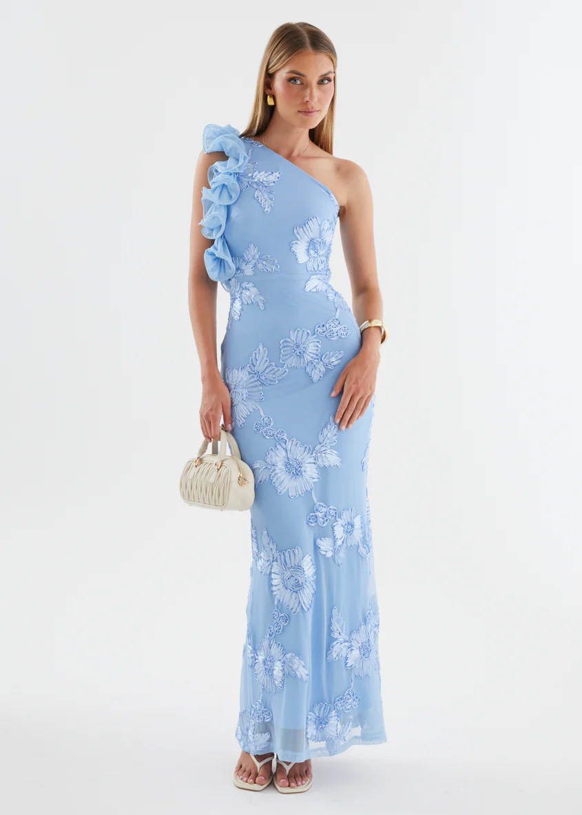 Trilby One Shoulder Mesh Maxi Dress - Blue Floral - Image 4