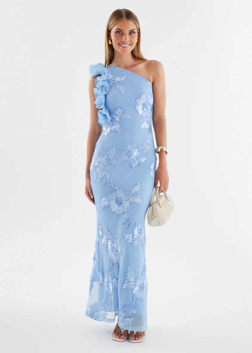 Trilby One Shoulder Mesh Maxi Dress - Blue Floral - Image 5