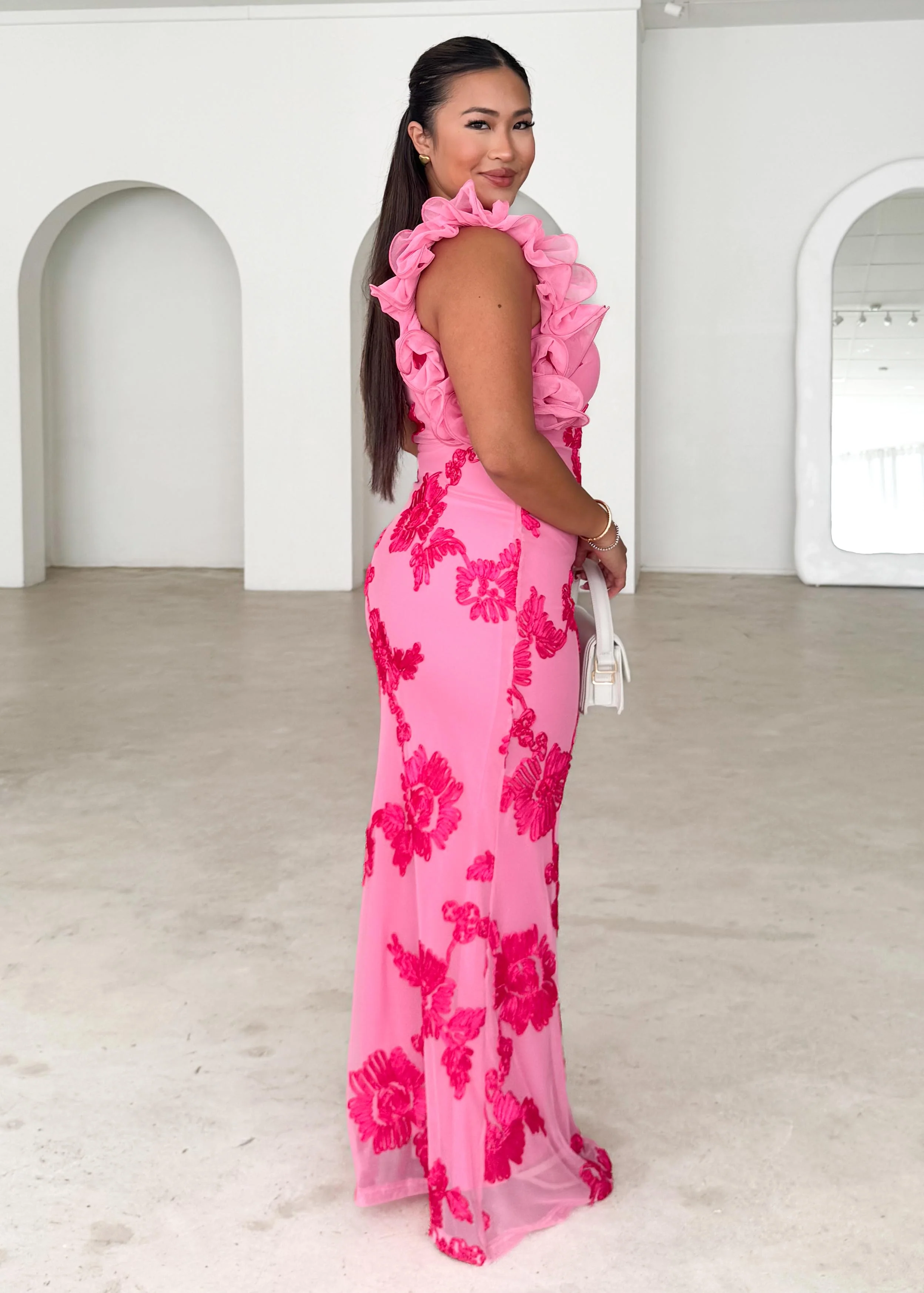 Trilby One Shoulder Mesh Maxi Dress - Pink Floral - Image 11