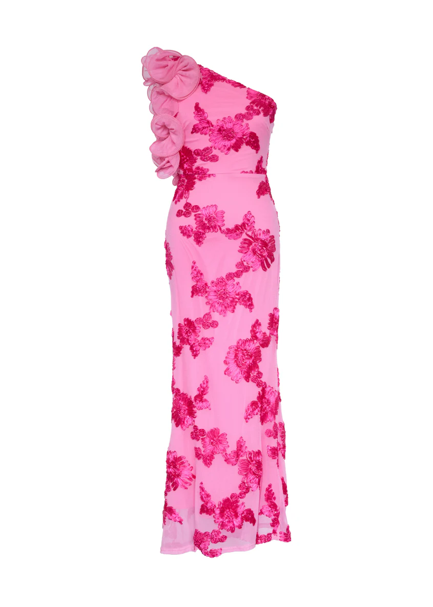 Trilby One Shoulder Mesh Maxi Dress - Pink Floral - Image 3