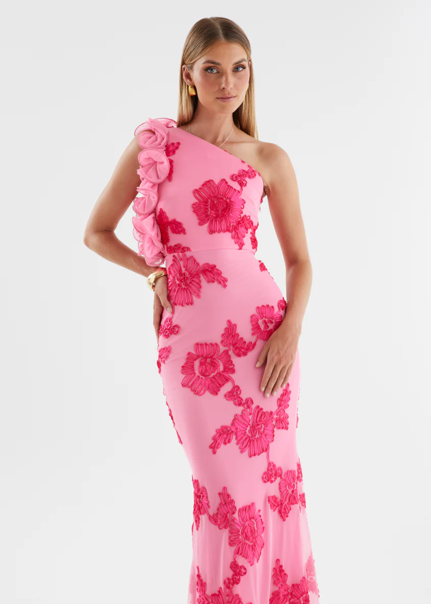 Trilby One Shoulder Mesh Maxi Dress - Pink Floral - Image 4