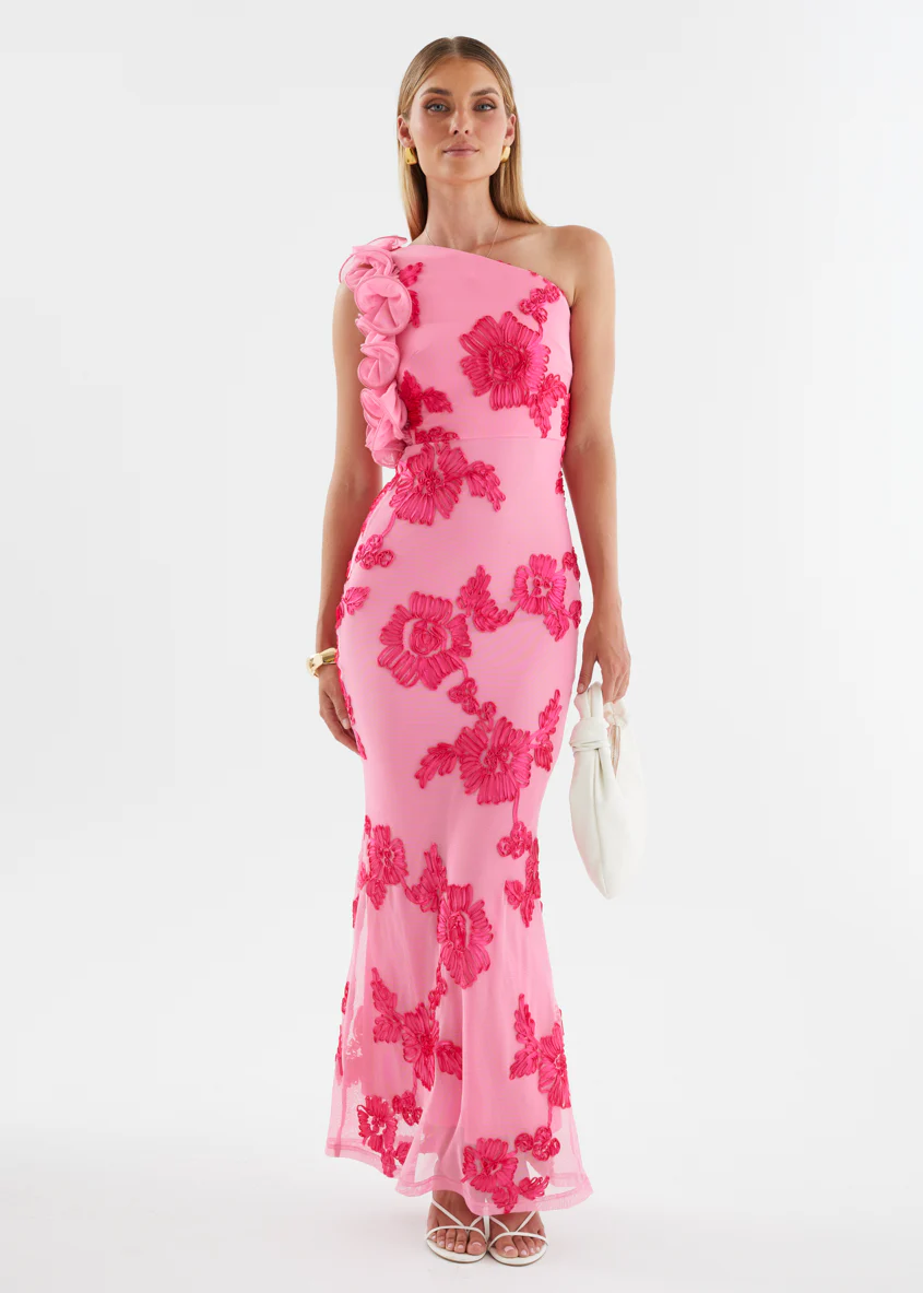 Trilby One Shoulder Mesh Maxi Dress - Pink Floral - Image 7