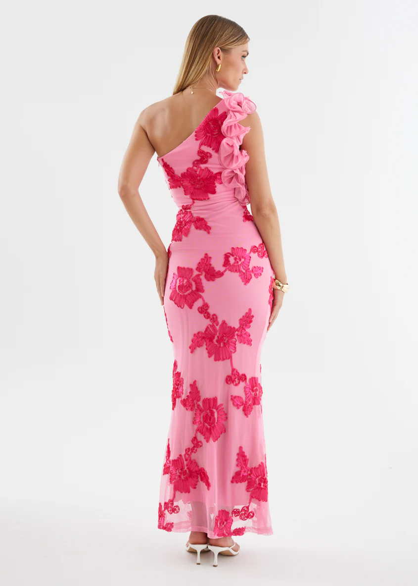 Trilby One Shoulder Mesh Maxi Dress - Pink Floral - Image 9