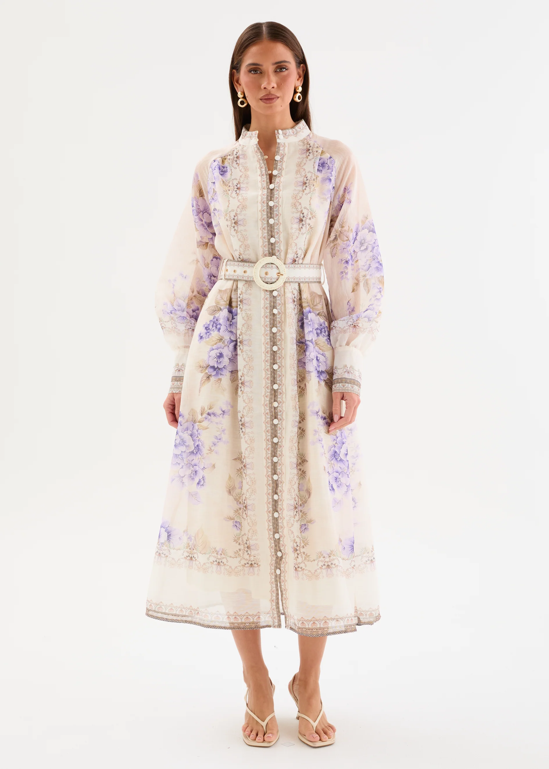 Wynta Midi Dress with Belt - Wisteria Bloom
