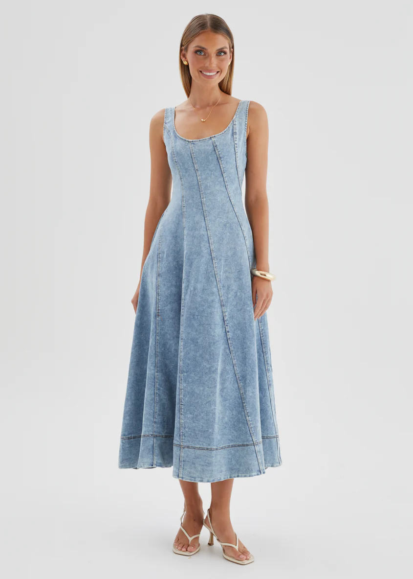 Yasmin Denim Midi Dress - Washed Blue - Image 5