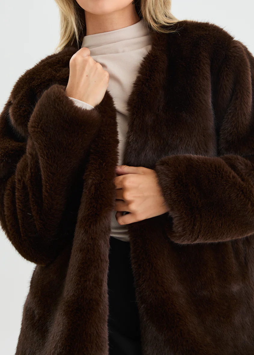 Zafira Faux Fur Coat - Chocolate - Image 9