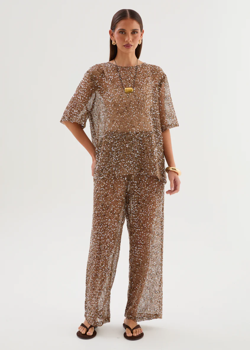Zakaria Sequin Mesh Pants - Chocolate - Image 3