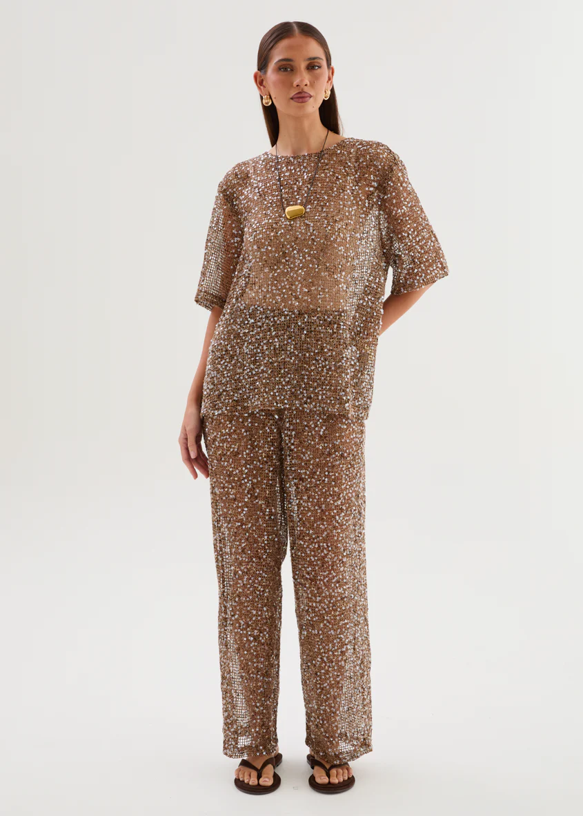 Zakaria Sequin Mesh Pants - Chocolate - Image 5
