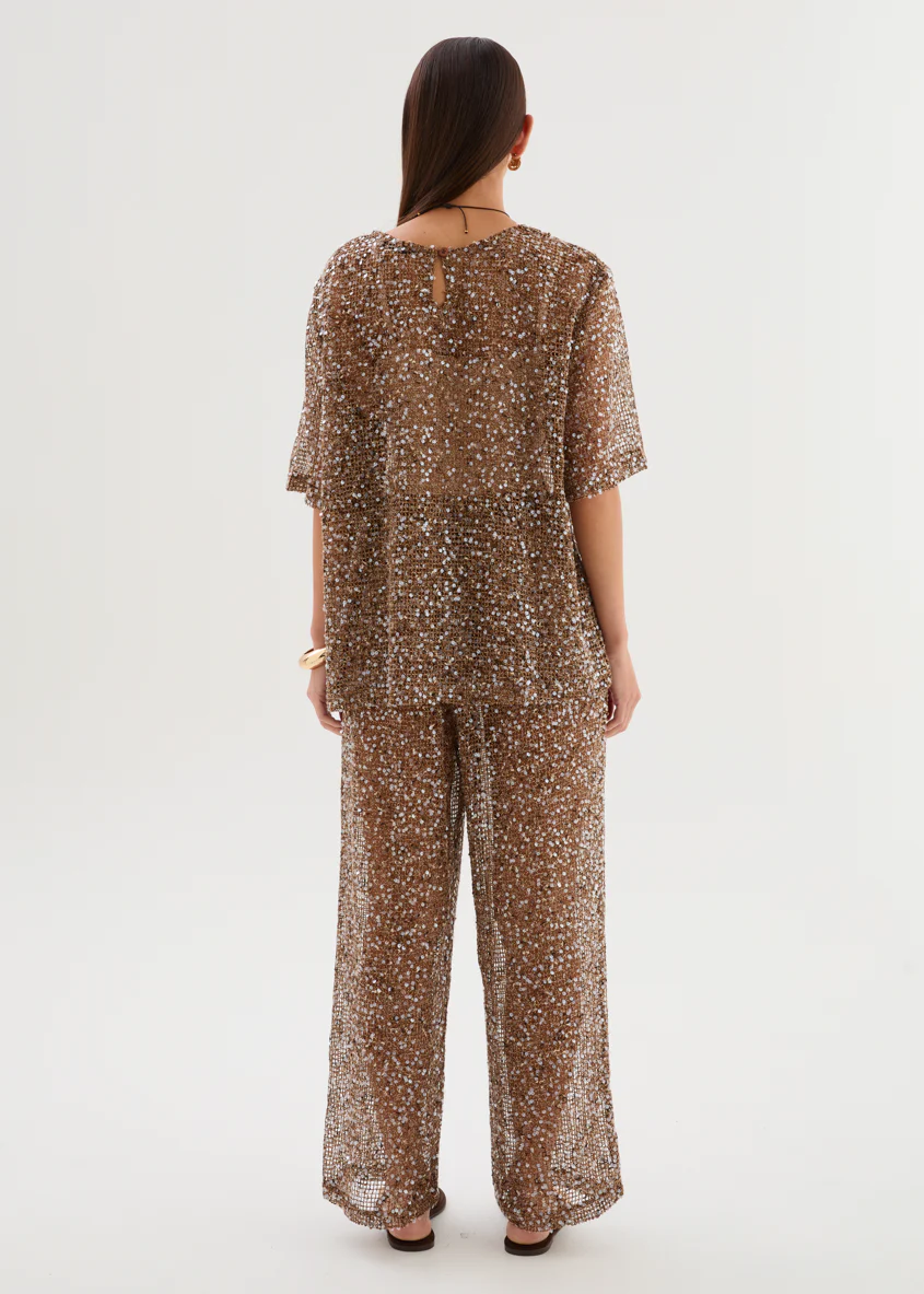 Zakaria Sequin Mesh Pants - Chocolate - Image 6