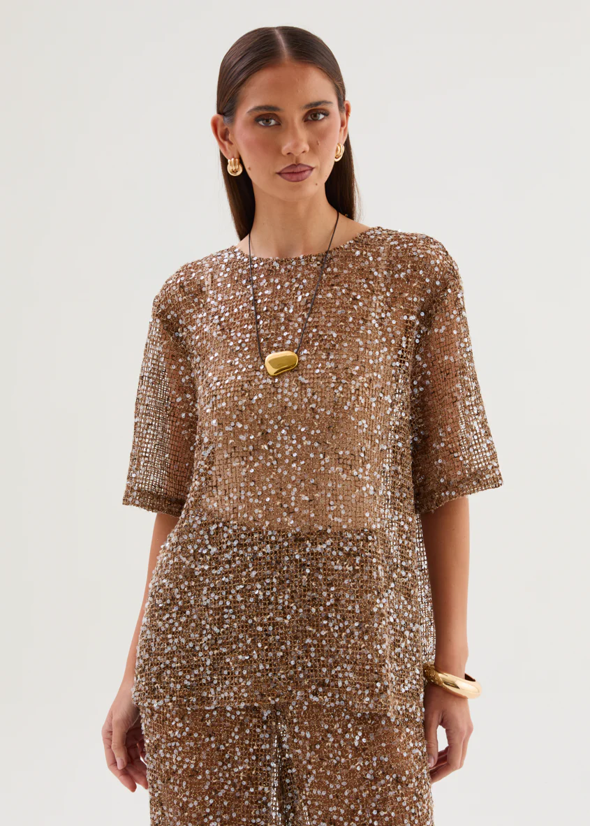 Zakaria Sequin Mesh Top - Chocolate