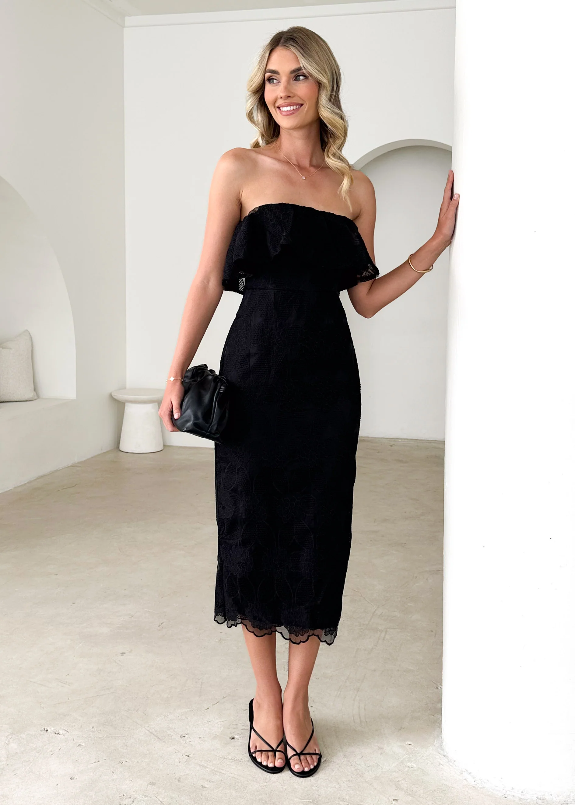 Zara Strapless Midi Dress - Black Lace - Image 4