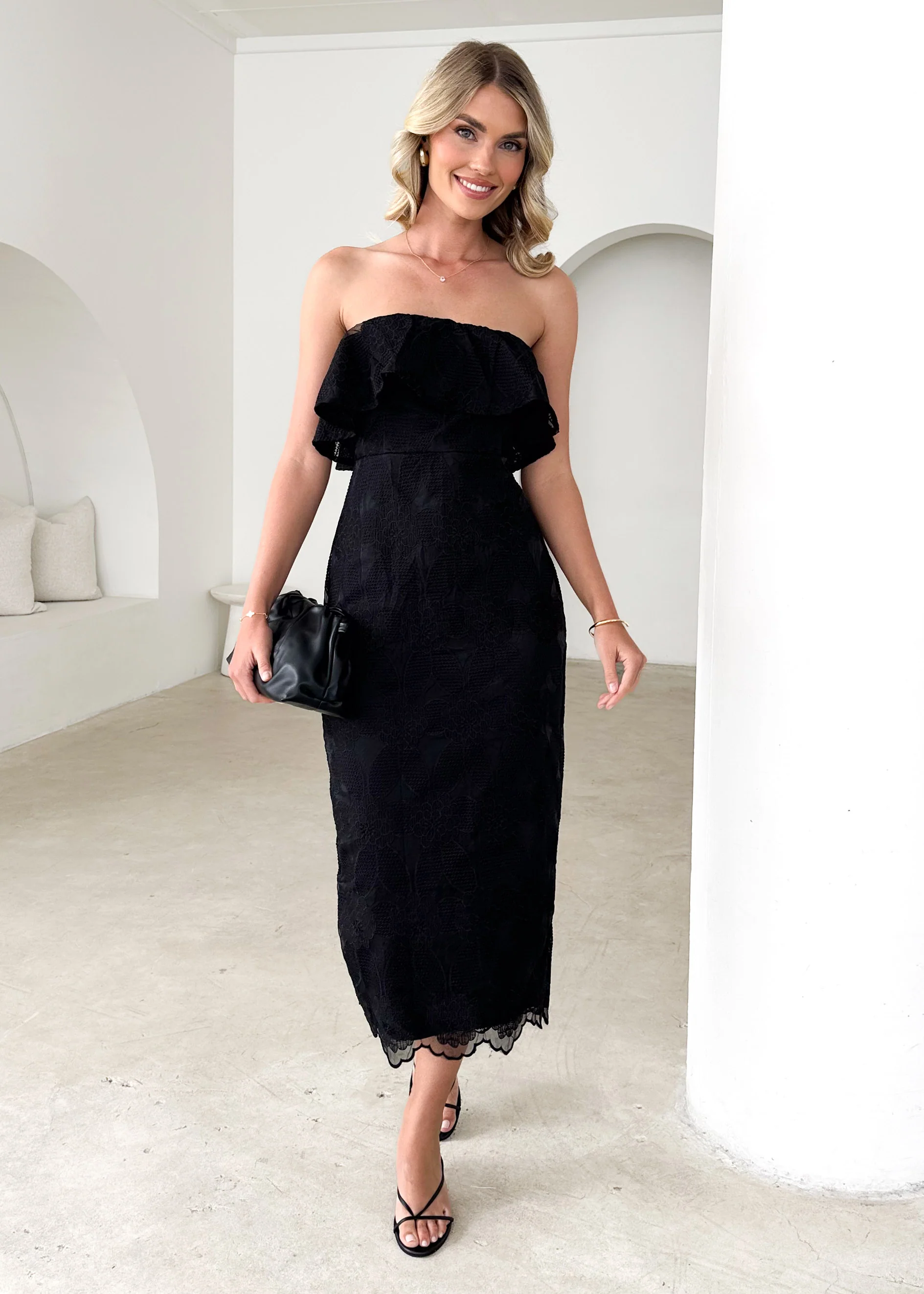 Zara Strapless Midi Dress - Black Lace - Image 5