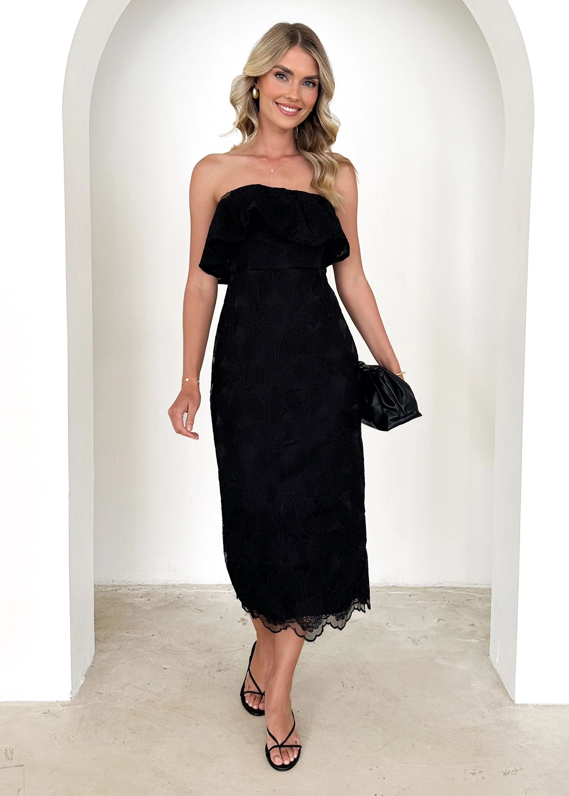 Zara Strapless Midi Dress - Black Lace - Image 6