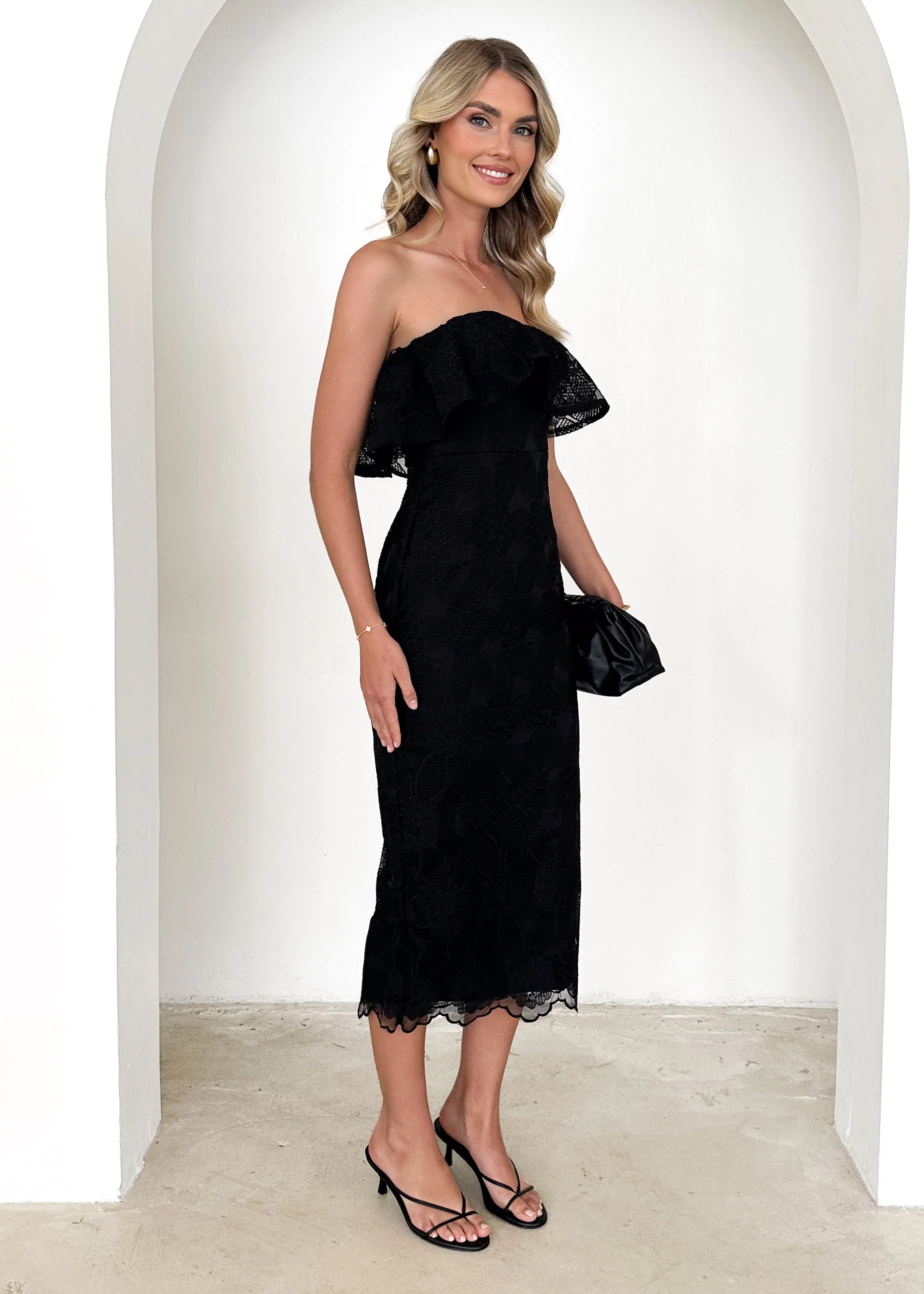 Zara Strapless Midi Dress - Black Lace - Image 7