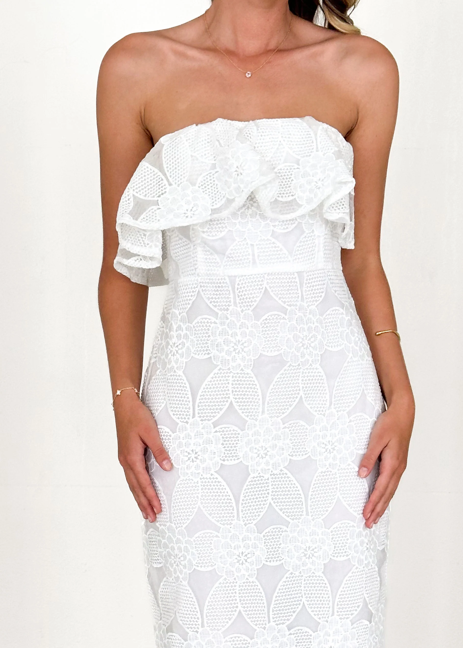 Zara Strapless Midi Dress - White Lace - Image 11