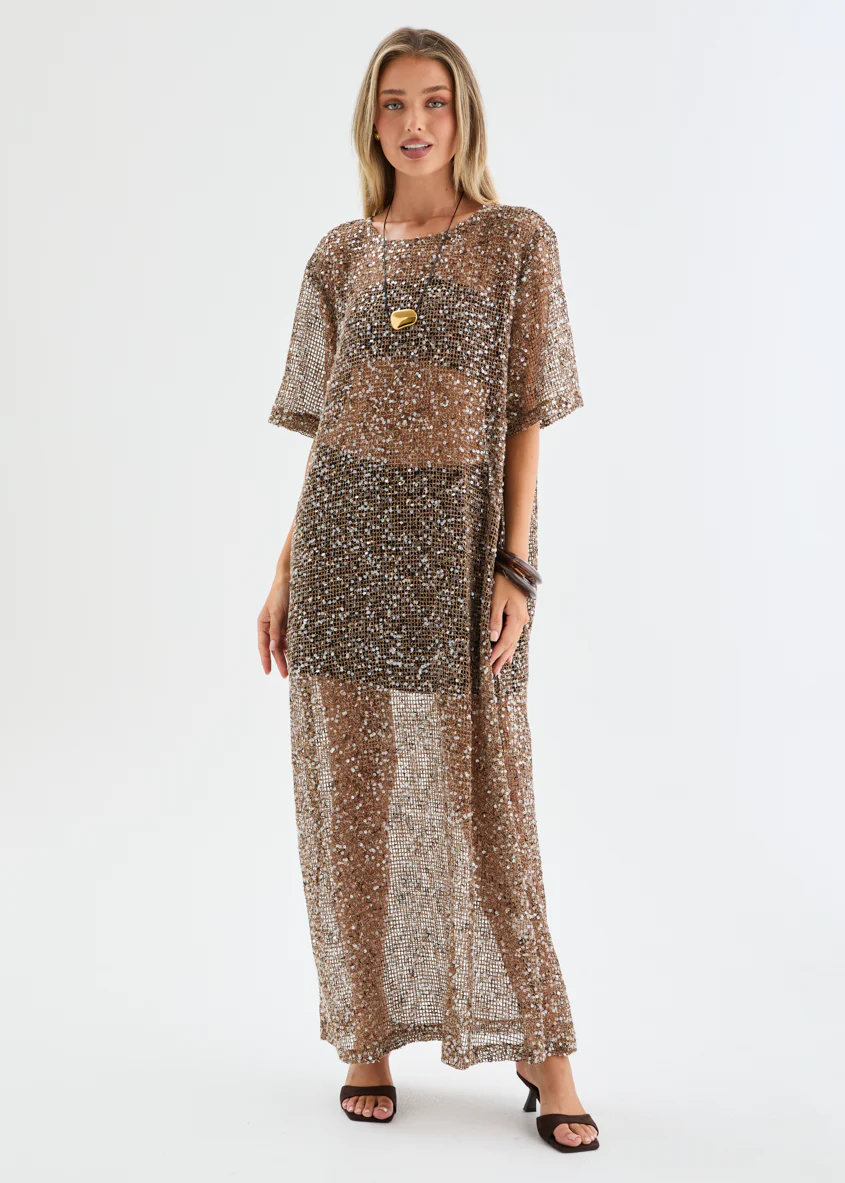 Zechariah Sequin Mesh Maxi Dress - Chocolate