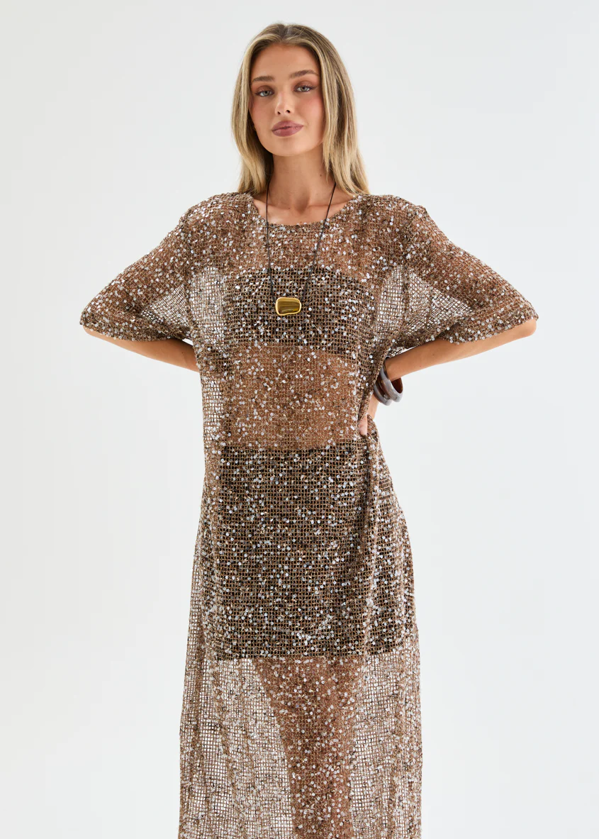 Zechariah Sequin Mesh Maxi Dress - Chocolate - Image 3